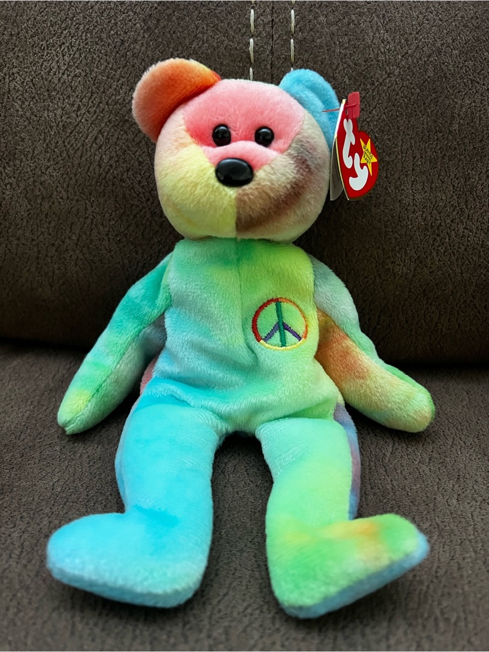 Ty Rainbow Peace Bear Plush with Embroidered Peace Sign - Blue Green Pink Orange